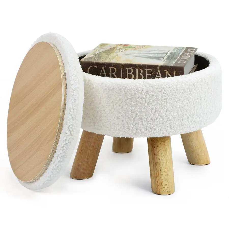 

Пуфик-подставка для ног, маленький круглый пуфик с отсеком для хранения, пуфик-подставка для ног из букле-вельвета с деревянными ножками, мягкий пуфик-органайзер с губчатым наполнителем