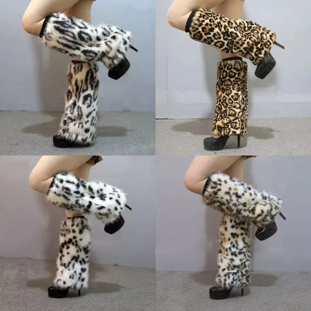Fashion Soft Faux Fur Leg Warmers Leopard Print Elastic Top Furry Leggings Sleeve Thickened Boot Covers For Cosplay