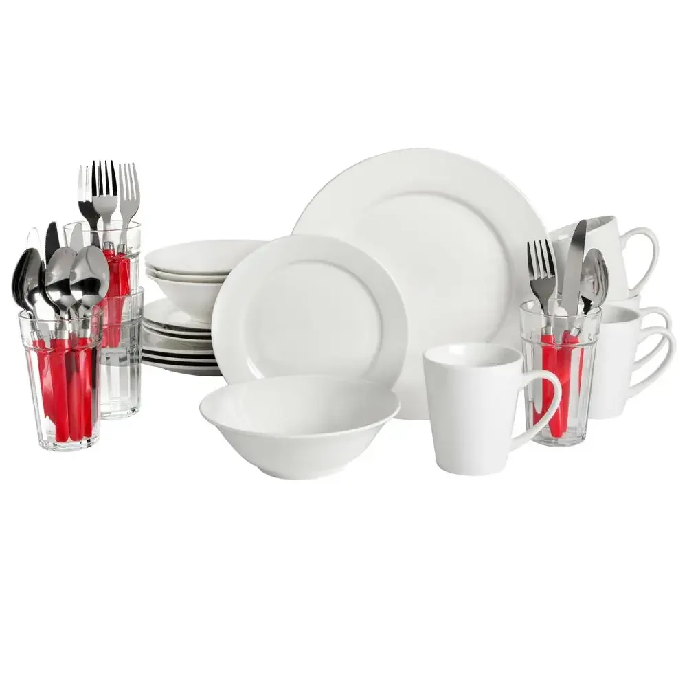 

Versatile Ceramic Dinnerware Set with Glassware Colorful Flatware Service 4 Easy to Clean White Dining Set with Stainless Steel