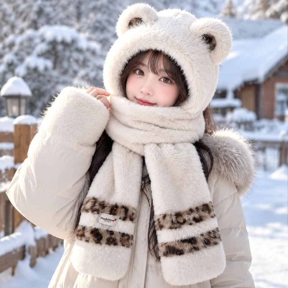 Sweet Ear Protection Plush Bear Ears Hat Winter Bib Hooded Scarf All-match Cute Winter Beanie Streetwear