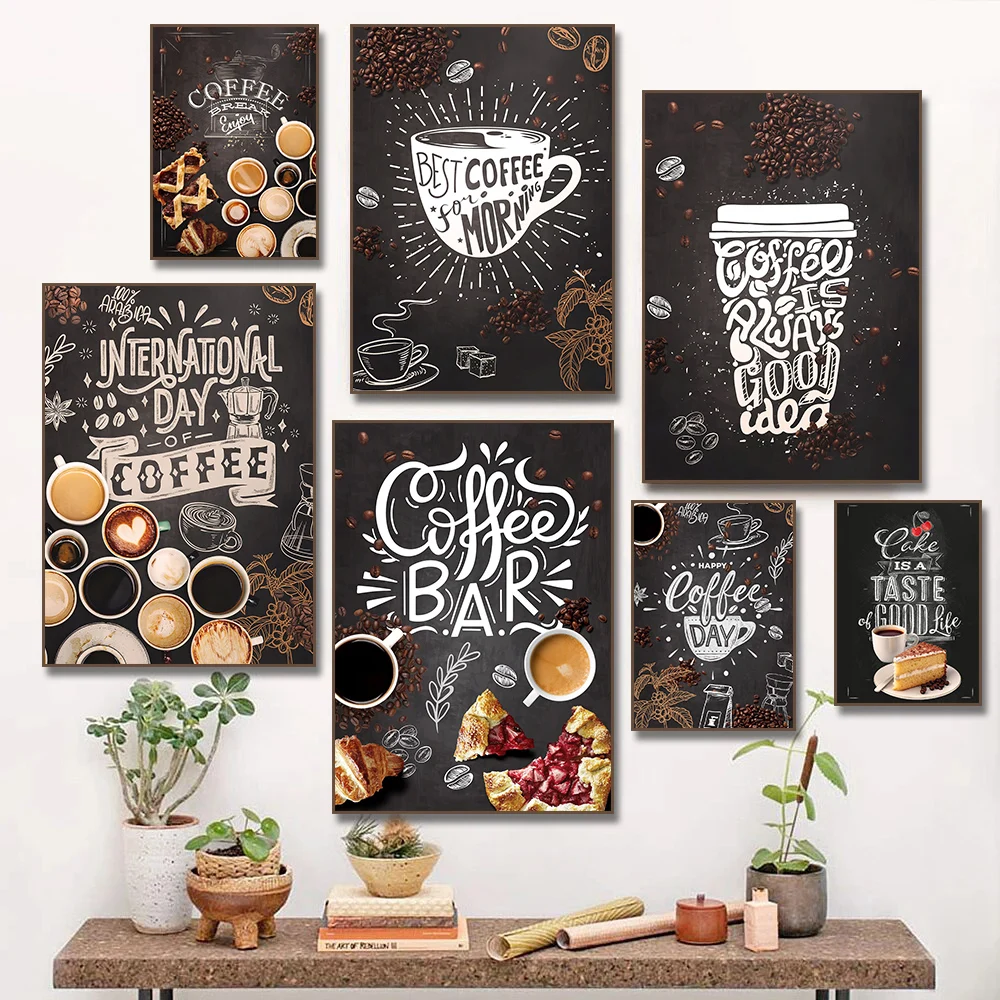 Coffee Cup Poster Nordic Prints Coffee Bakery Cake Pizza Chalkboards Canvas Painting Pictures for Cafe Store Home Kitchen Dec
