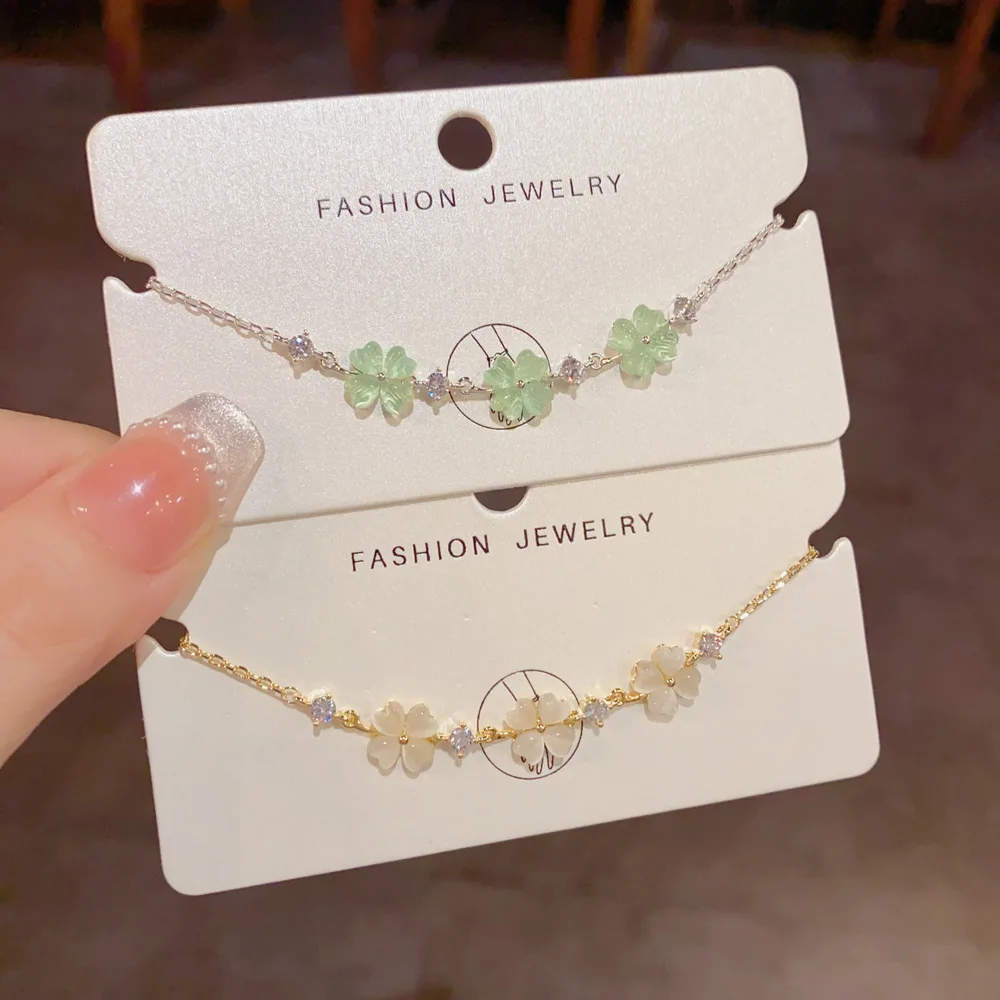Charming Translucent Green And White Flower Station Bracelet Delicate Cubic Zirconia Accents Sweet Summer Accessory