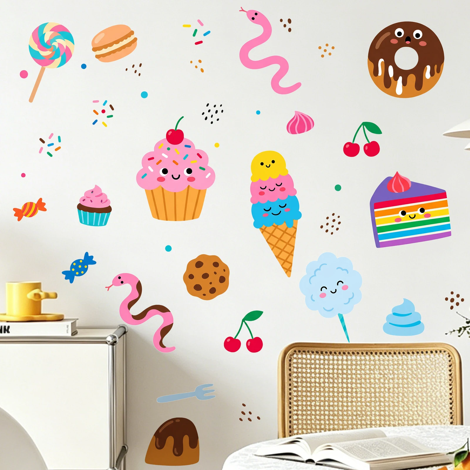 Cute Dessert Wall Sticker Wall Decal, Colorful Cupcake Donut Ice Cream Pattern, Removable Peel and Stick PVC Home Decor for Cafe