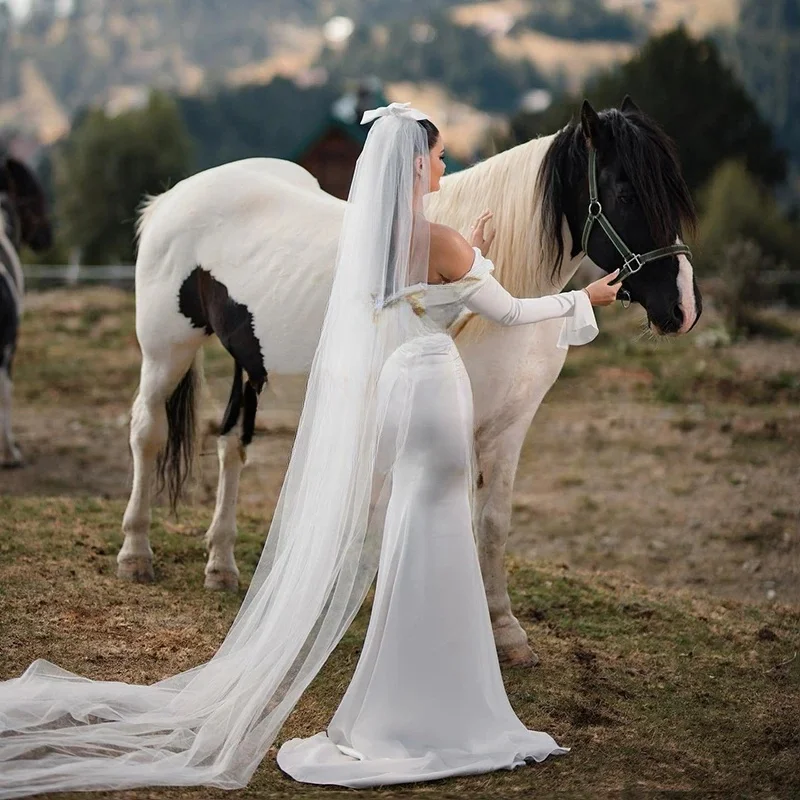 Gaun pengantin duyung putih pengukuran, gaun bahu terbuka lengan panjang, gaun pengantin Formal putri elegan 2025