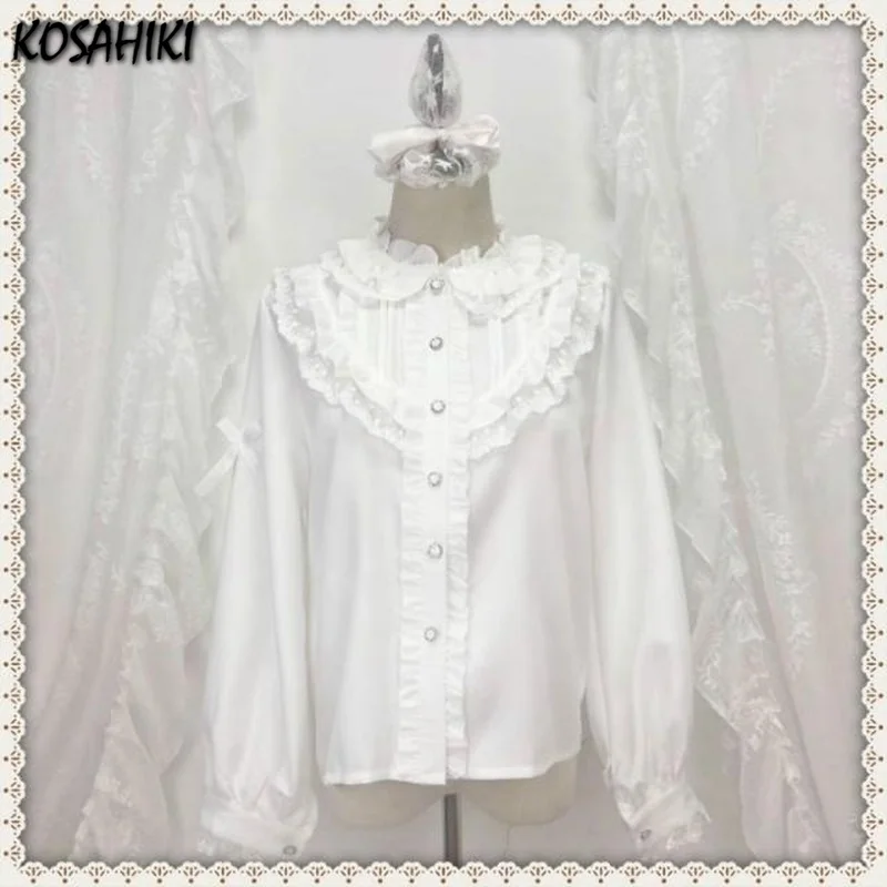 KOSAHIKI Japanese Preppy Autumn Spring Women White Shirt Collar Ruffles Femininos Blusas Cute Kawaii Sweet Lolita Girl Blouse