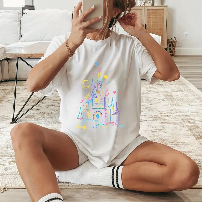 

Disney Vitality Castle Starry Sky Printed Women's Pure Cotton Unisex Four Seasons Pure Cotton Bottom Shirt Retro Clothing