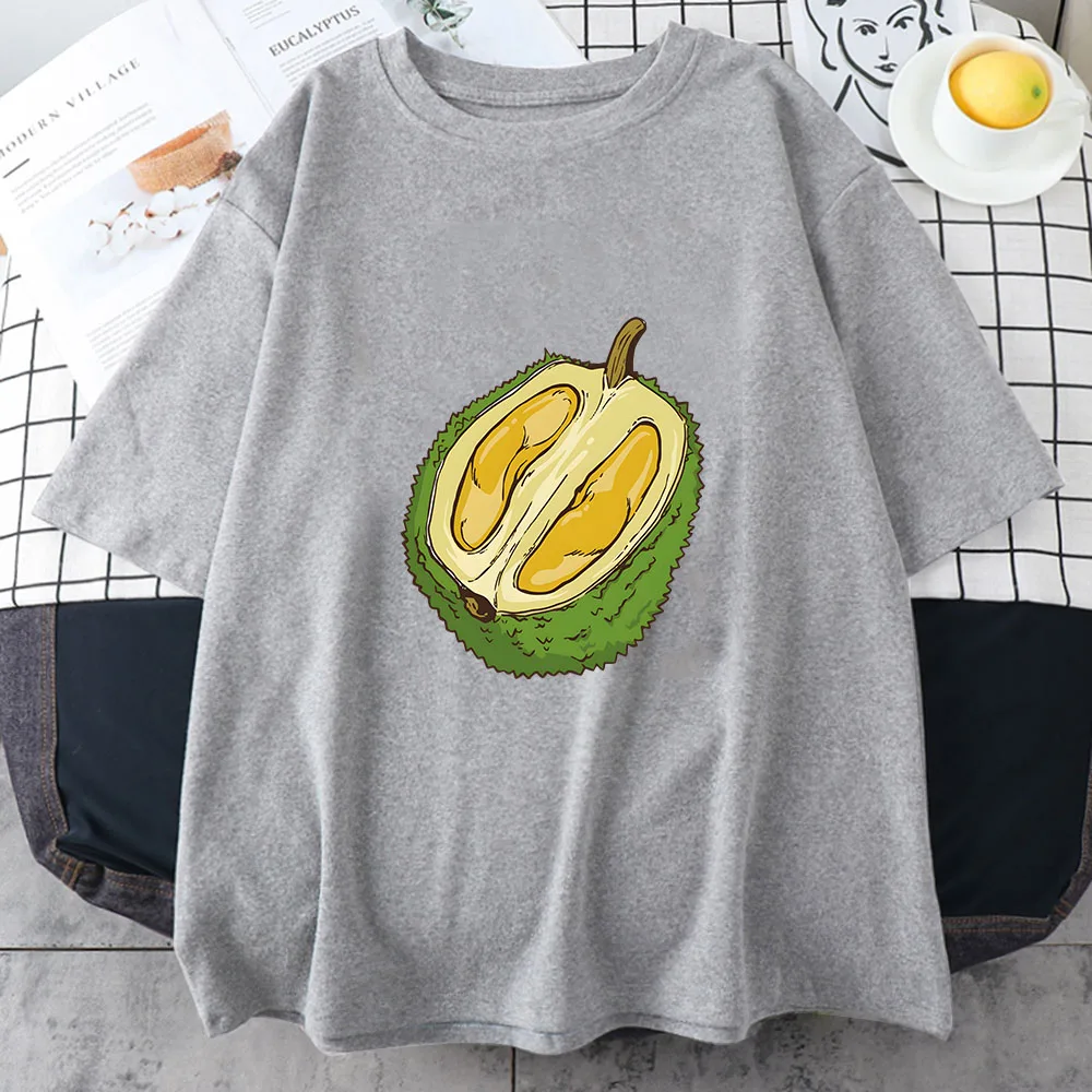 Durian T-Shirts aus 100 % reiner Baumwolle, hochwertige Hemden für Damen/Herren, kurzärmelige T-Shirts, Obst-Grafikdruck, Tops, O-Ausschnitt, lässige T-Shirts