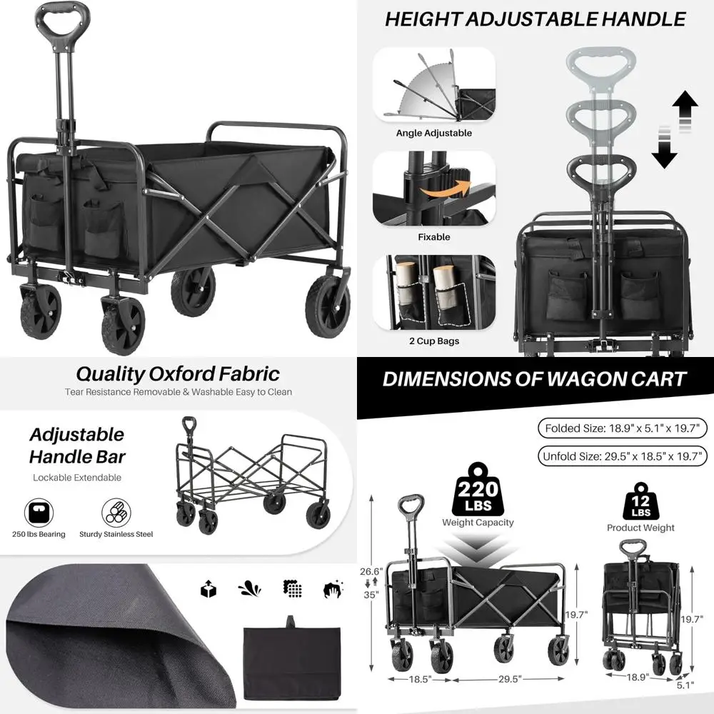 

Collapsible Garden Shopping Wagon with Drink Holders, Heavy-Duty 30-Inch Black Cart for Outdoor Use