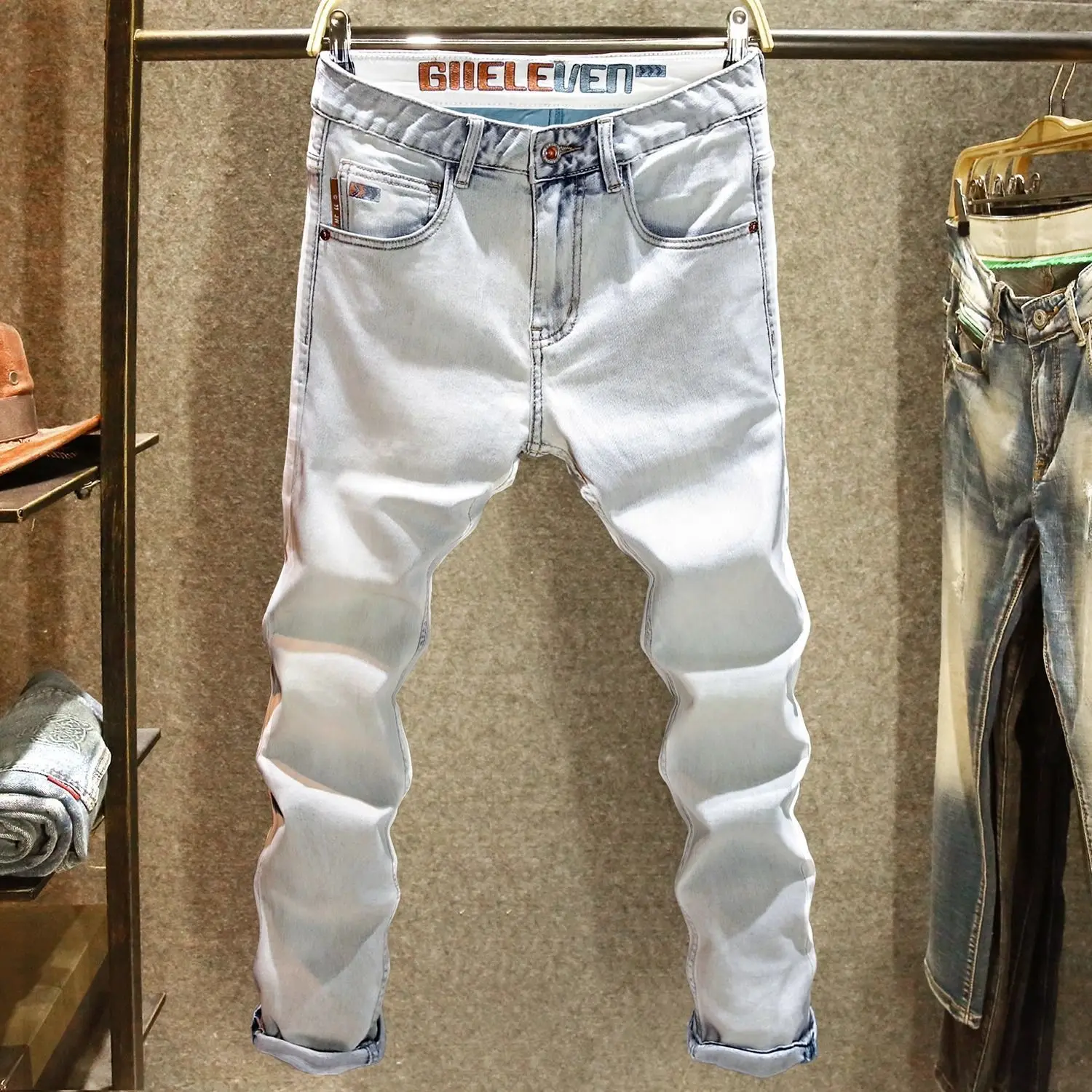 

Летние светло-голубые джинсы, мужские новые облегающие брюки 2025 года, летние тонкие модные повседневные брюки, джинсы Hombre, уличная одежда, брюки для мужчин