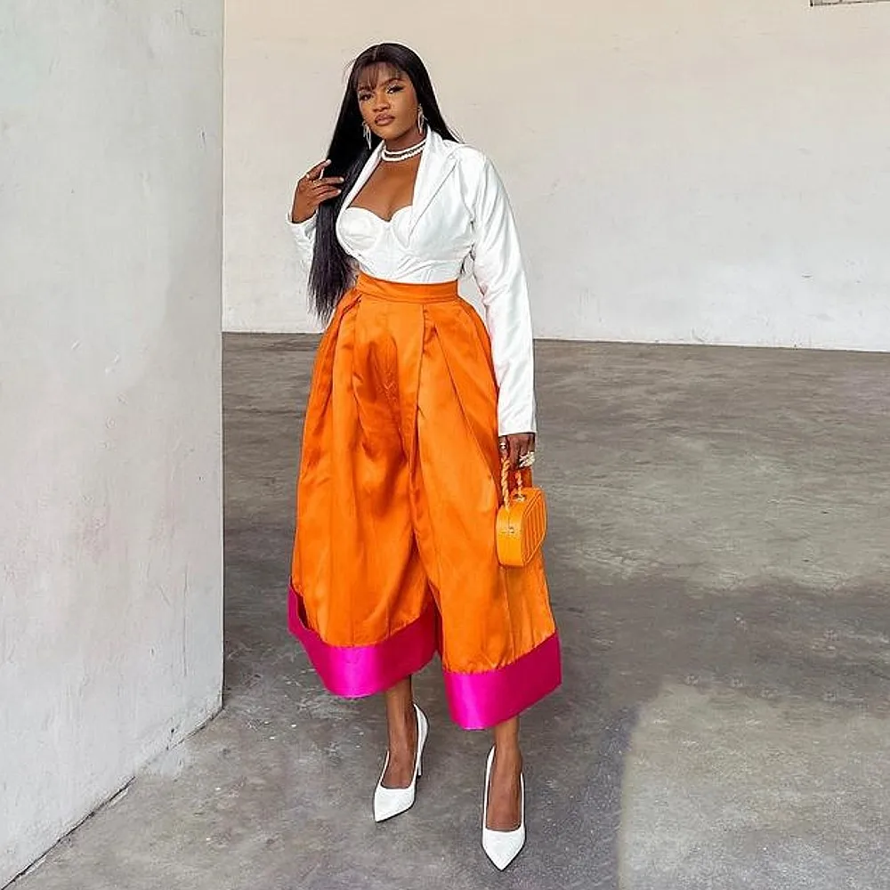 

Orange& Fuchsia Puffy Pants High Waist Maxi Skirt Pants Spring Autuam Birthday High Street Girls Lady Formal Pants To Christmas