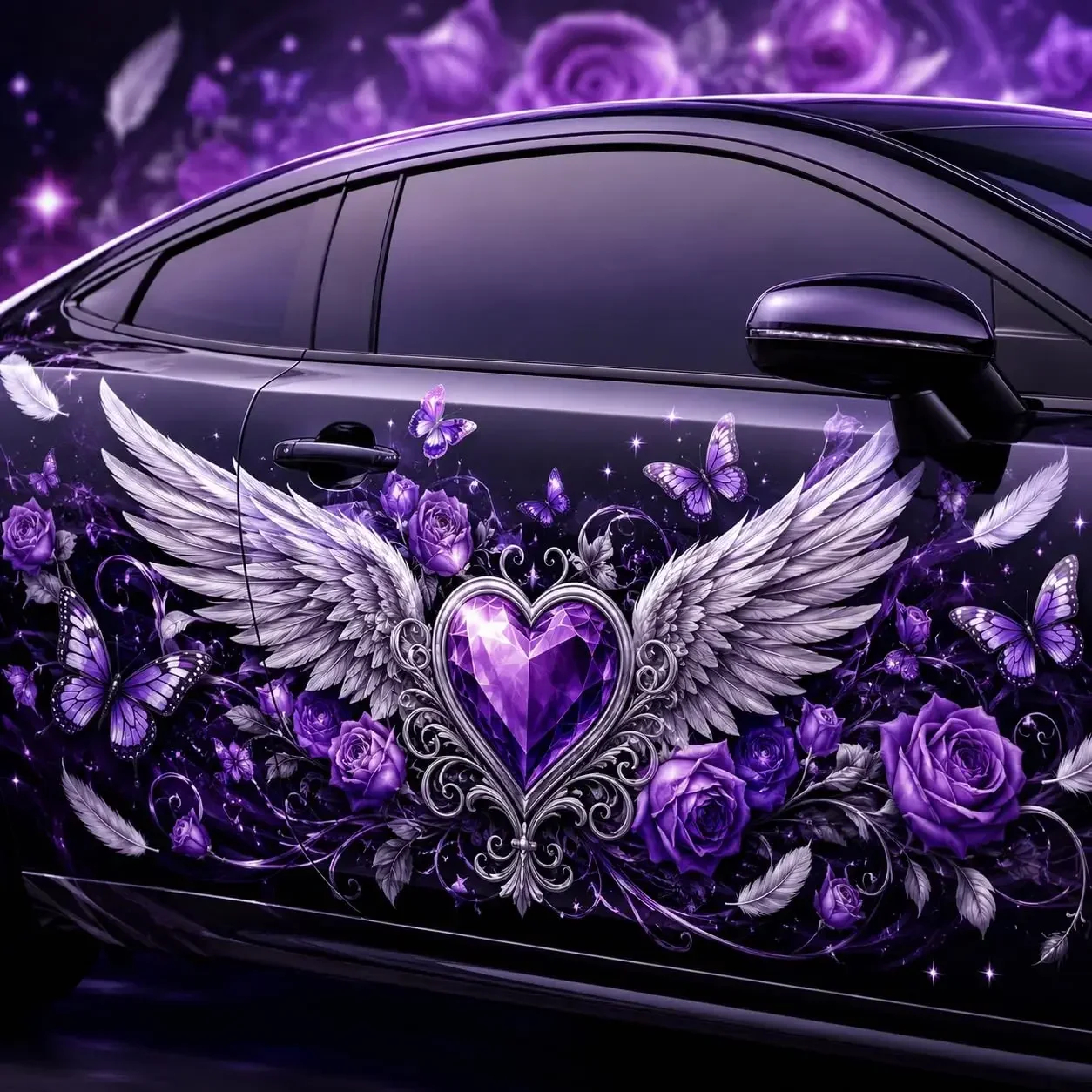2pcs Purple Angel Wings Heart Car Wrap Vinyl Decal Sticker