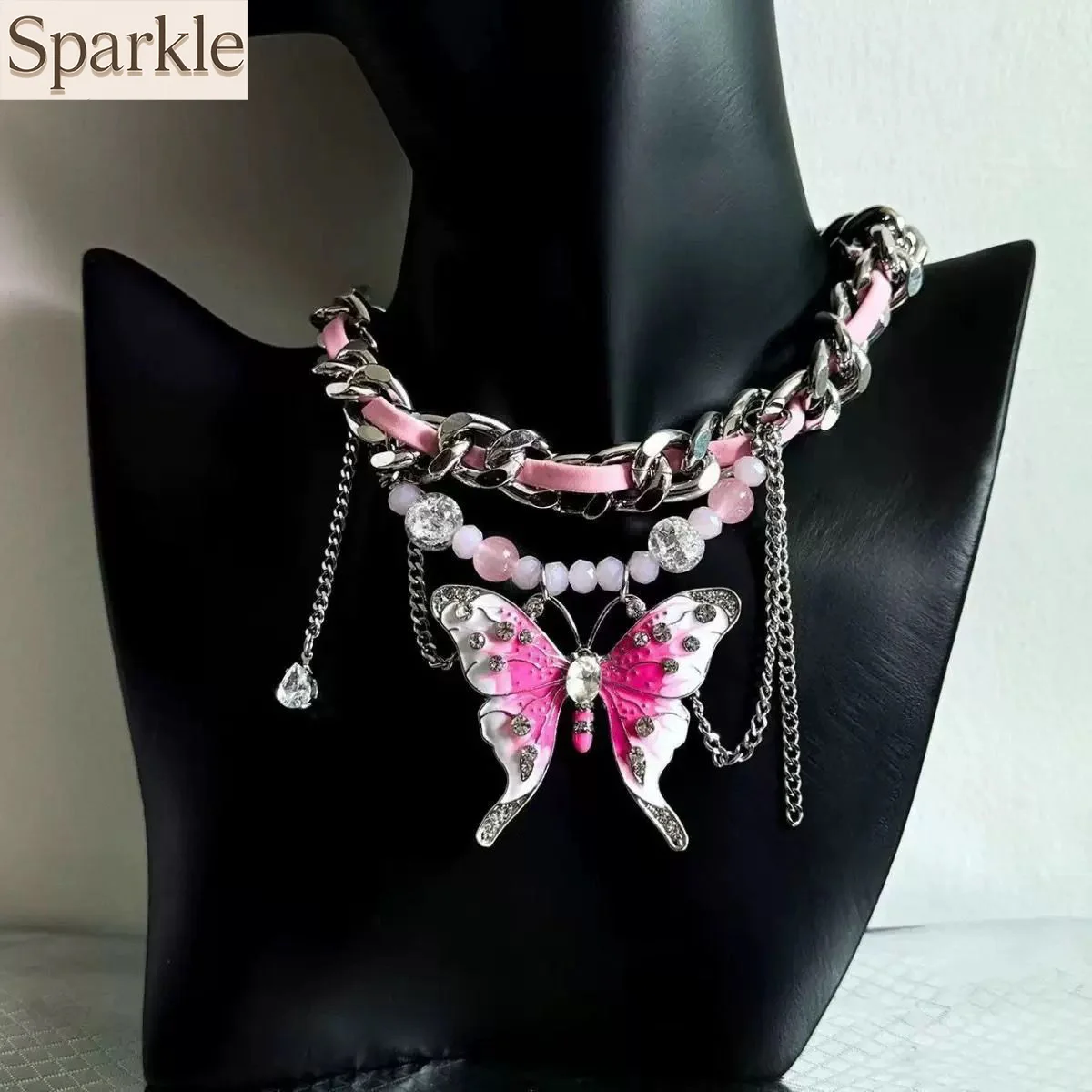 

Punk Gothic Pink Butterfly Pendant Leather Patchwork Choker Necklace for Women Sweet Y2K Trendy Fashion Jewelry Exaggerate Chain