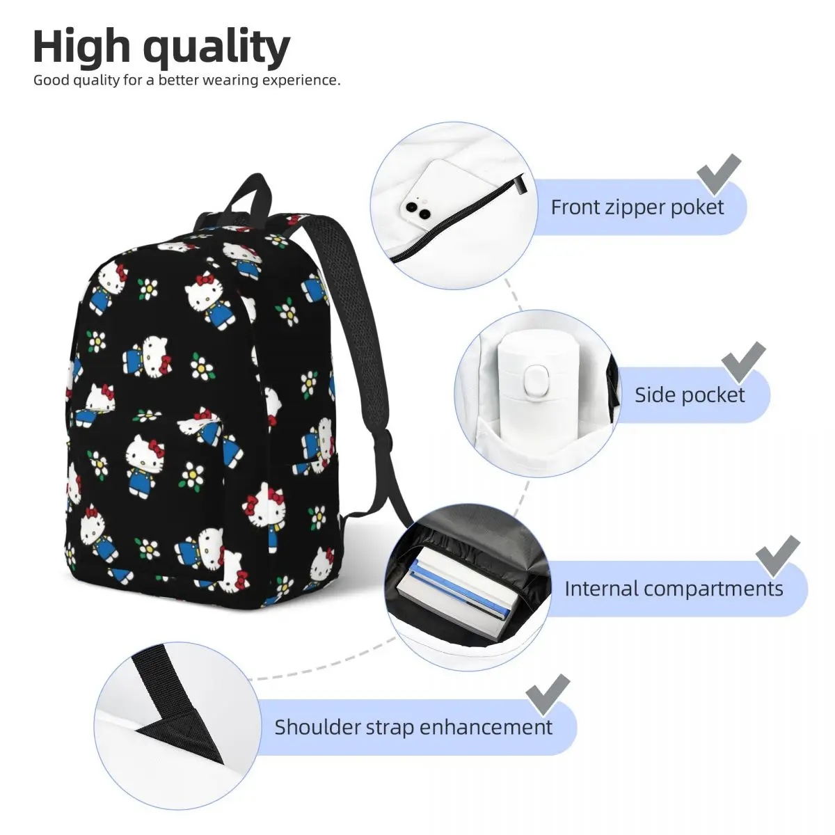 Hello Kitty Cartoon Pattern for Teens Student School Bookbag Daypack Elementary High College Hiking