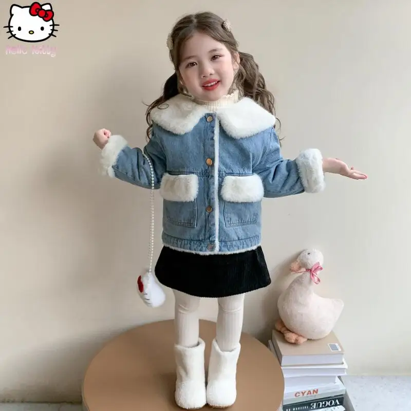 

Kids Kawaii Kitten Warm Doll Collar Denim Jacket Cartoon Autumn and Winter New Cotton Coat Anime Coat Fashionable Thickened Tops