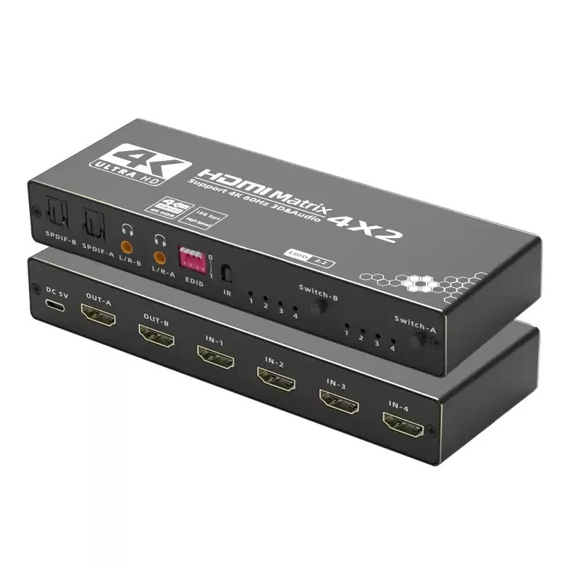 For HDMI 2.0 Matrix 4 In 2 Out 4K 60Hz Switcher Splitter with Audio Extractor Optical 5.1 Converter for PC Monitor TV