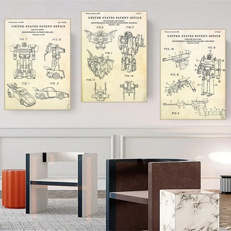 Vintage Toys Blueprint Patent Poster Transformer Robot Autobots Canvas Painting Wall Art Picture Kids Game Room Home Decor Mural