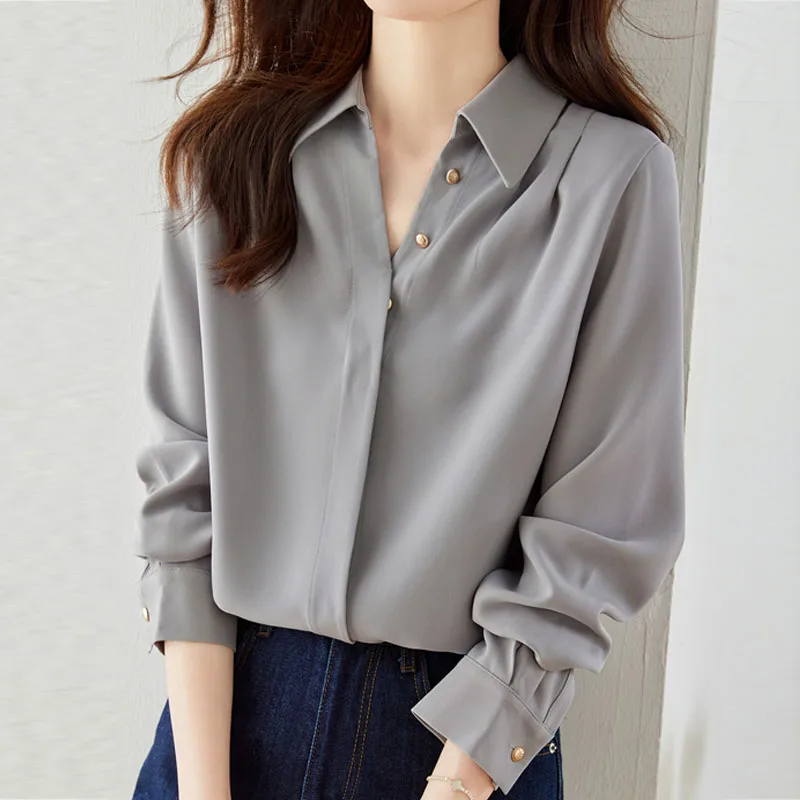 Autumn Fashion New Office Lady Long Sleeve V-Neck Women Shrit Button Grey Chiffon Shirt Blouse Women Tops Camisas De Mujer C03