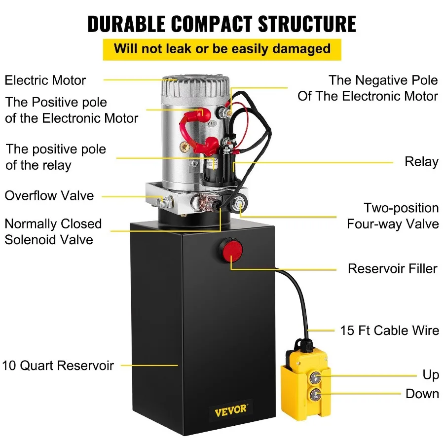 Hydraulic Pump 10 Quart Hydraulic Power Unit Single Acting Hydraulic Pump 12V DC Hydraulic Pump Steel Reservoir Single Acting