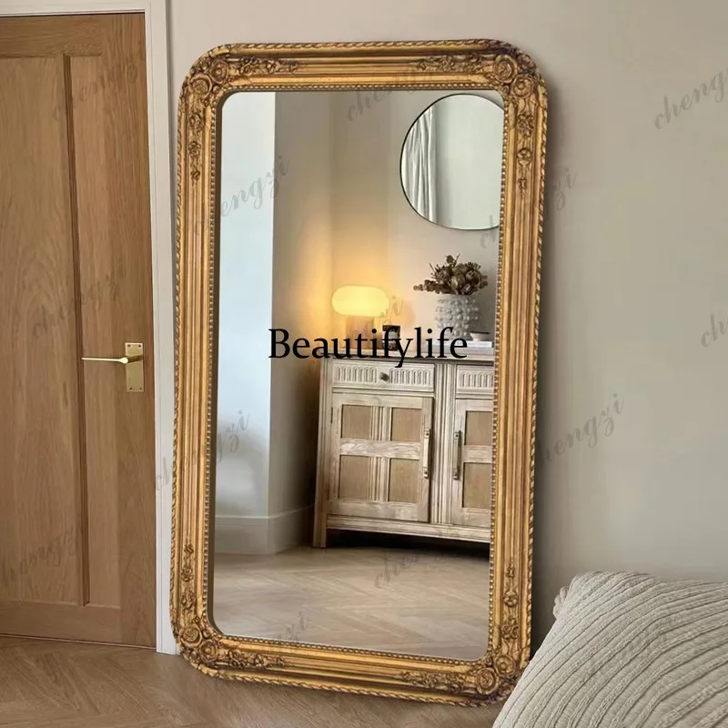 European and American medieval, French retro carved full-body mirror, floor-to-ceiling, old fireplace decorative mirror