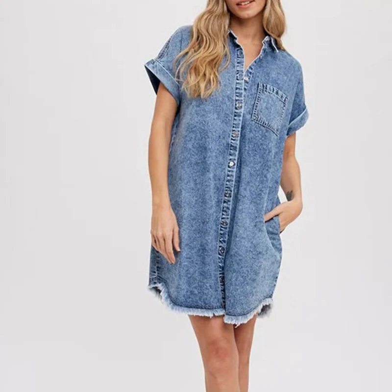فستان قميص قصير أنيق للسيدات صيفي من قماش الدنيم فستان أزرق بأكمام قصيرة فستان صيفي بأزرار فساتين فضفاضة غير رسمية للسيدات فيستدوس بارا موجر