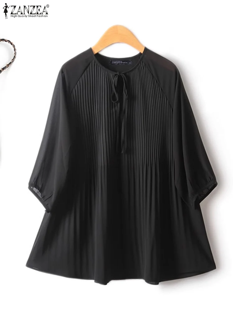 ZANZEA Women Summer Pleated Blouse Korean Bandage Round Neck Tops Shirt Fashion Solid 3/4 Sleeve Tunic Office Loose Female Tunic