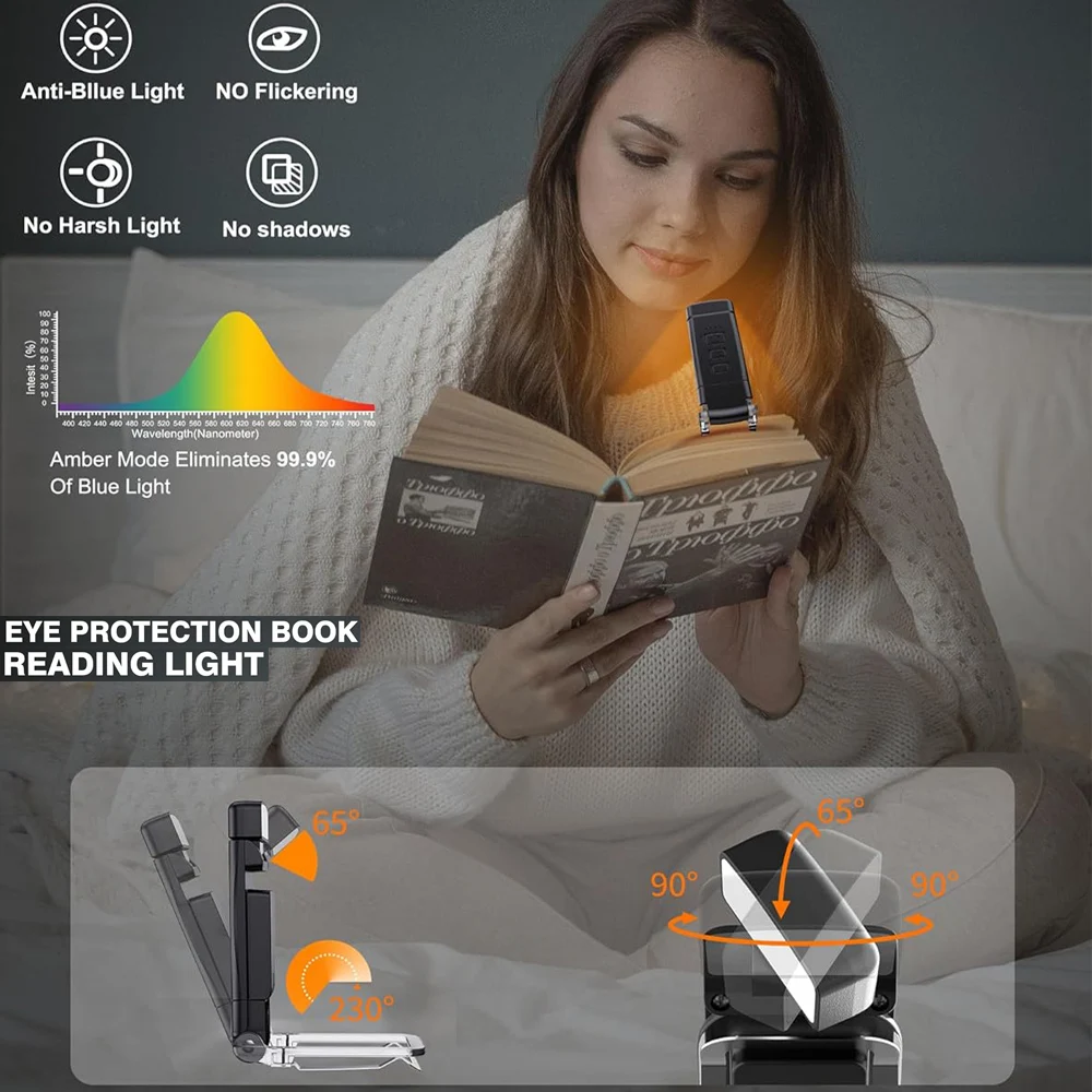 USB Rechargeable Book Light for Reading in Bed Portable Clip-on LED Reading Light 3 Amber Colors & 3 Brightness Dimmable for Kid