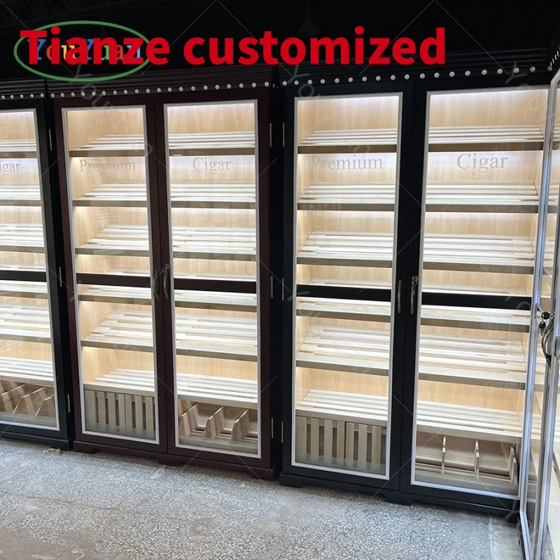 (Customized) custom solid wood cigar room display cabinet LED light smoke shop glass showcase design antique cigar shop display