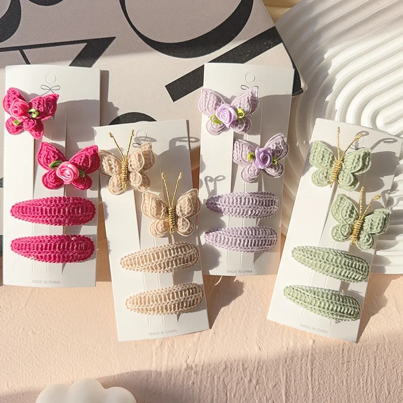 

4 шт./компл., милые шерстяные вязаные головные уборы ручной работы, вязаные крючком бабочки из сплава, заколки для волос для маленьких девочек, аксессуары для волос, детский подарок