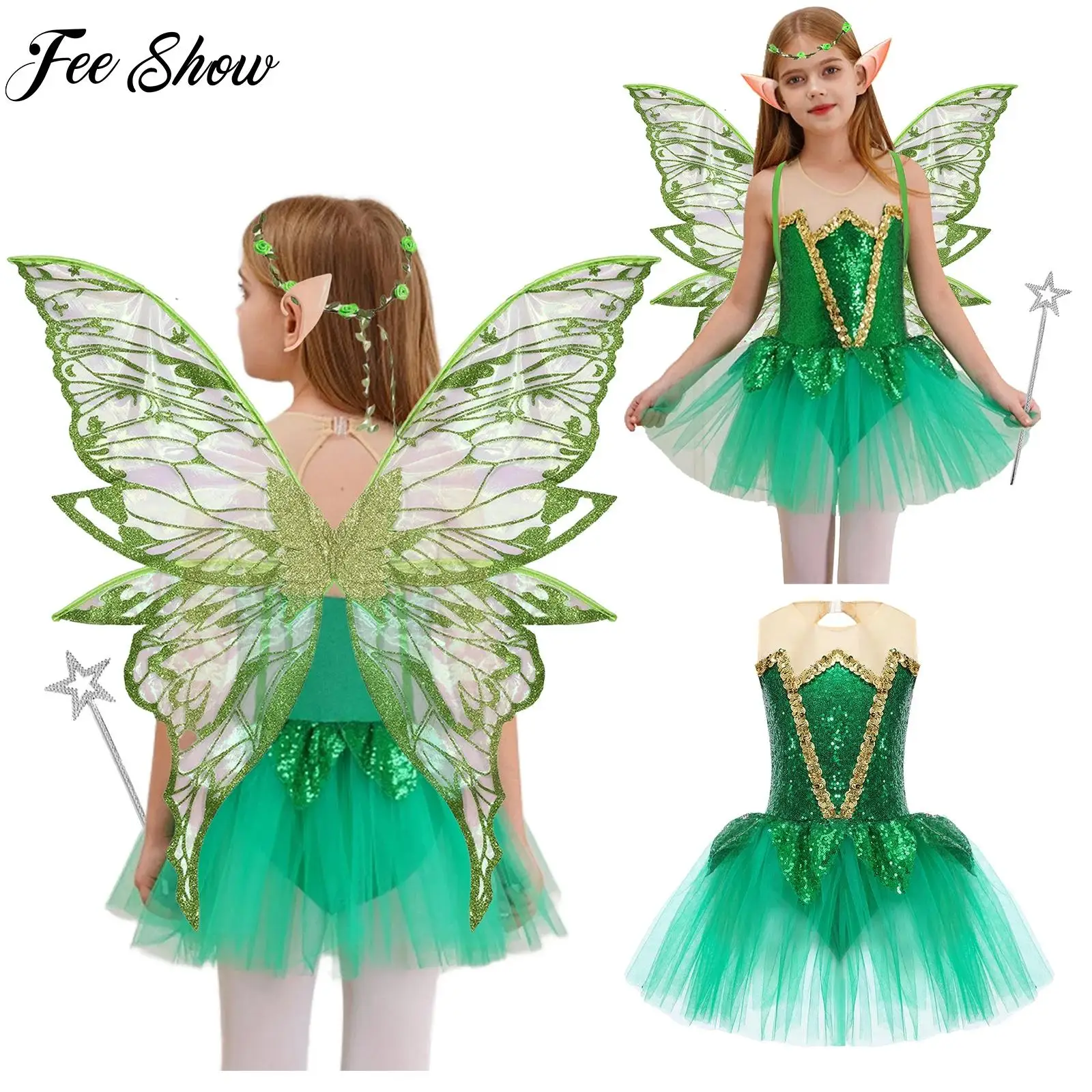 

Girls Halloween Elf Butterfly Fairy Costumes Cosplay Outfits Carnival Party Sleeveless Tutu Dance Dress+Accessories 5-piece Sets