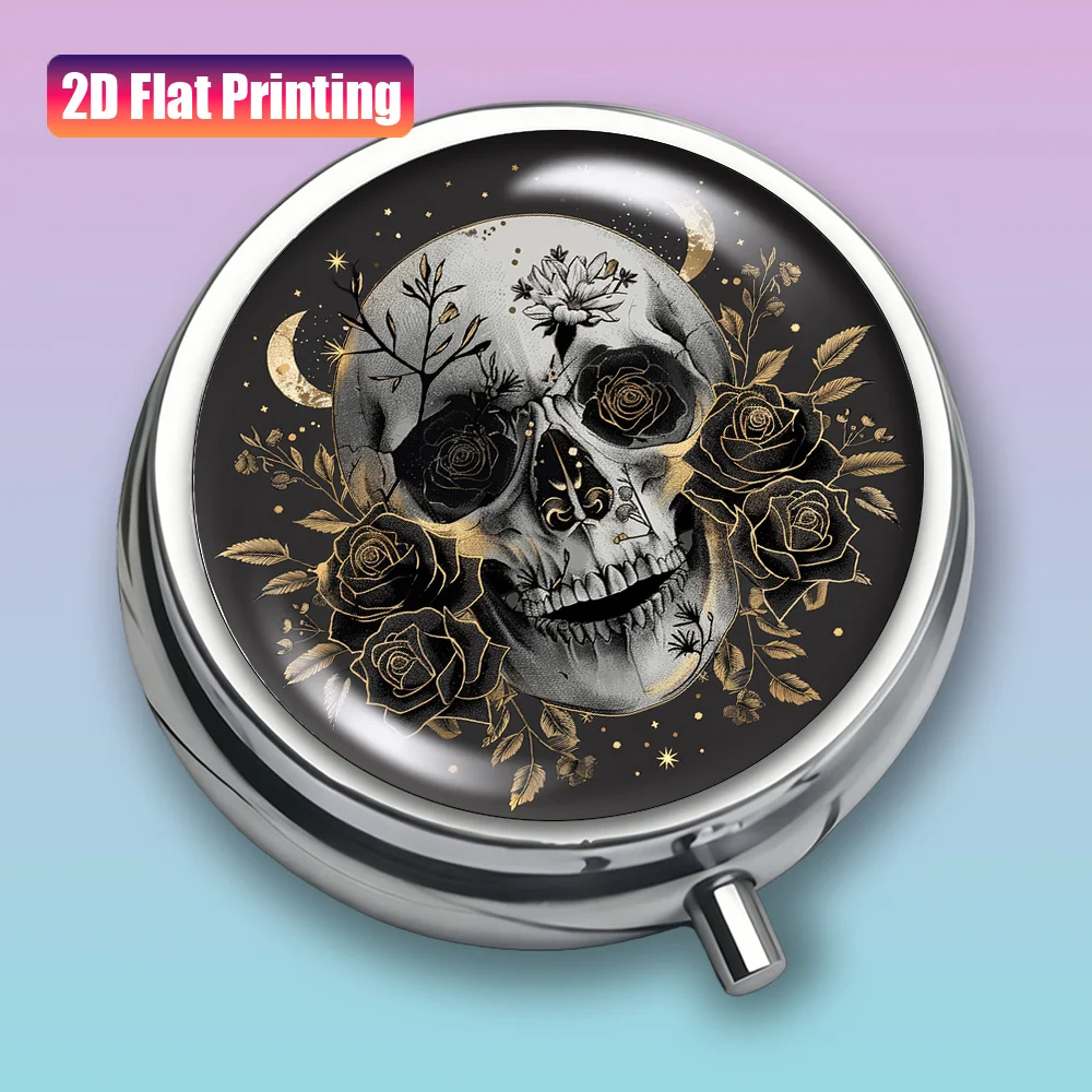 1Pc Flat Printing Mini 3-Compartment Portable Pill Box, Earring Storage Box, Rose Skull Dark Gothic Style Pattern, Travel Pill Box, Suitable for Various Occasions, Exquisite and Convenient, Ideal Small Gift