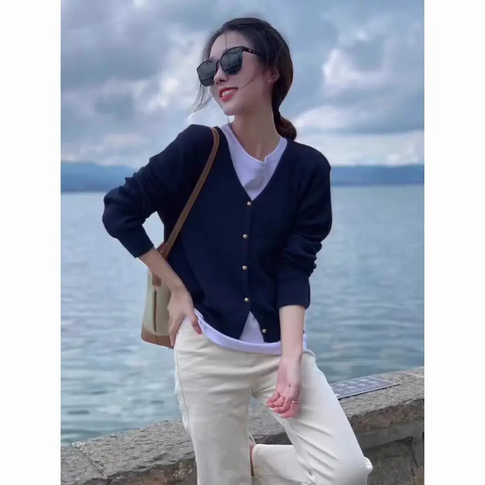 Navy Blue Knitted Cardigan Women Autumn and Winter Slim Casual Top