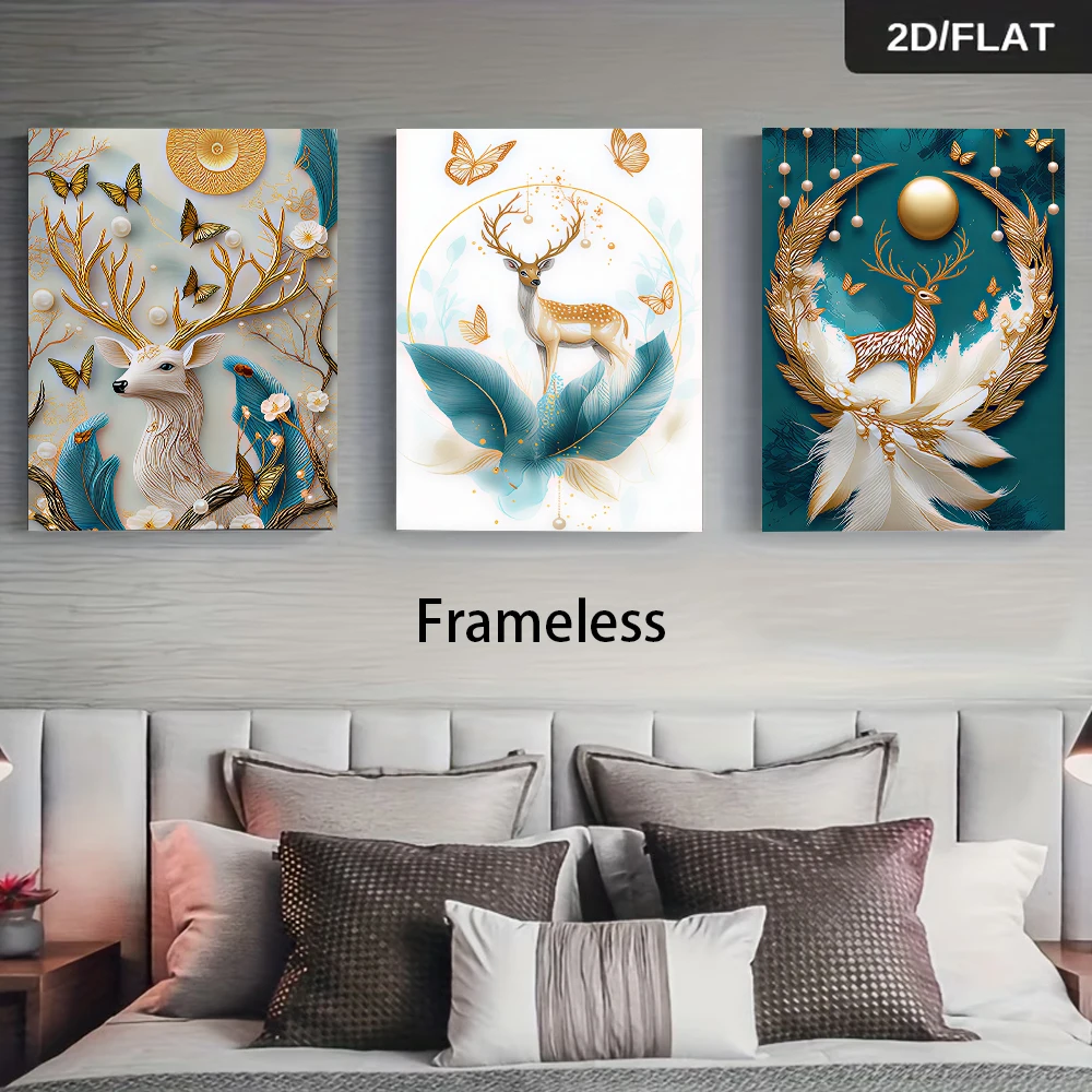 3PCS Frameless(2D flat.)1 set of three-panel deer decorative paintings for sofa background wall, frameless 2D flat design