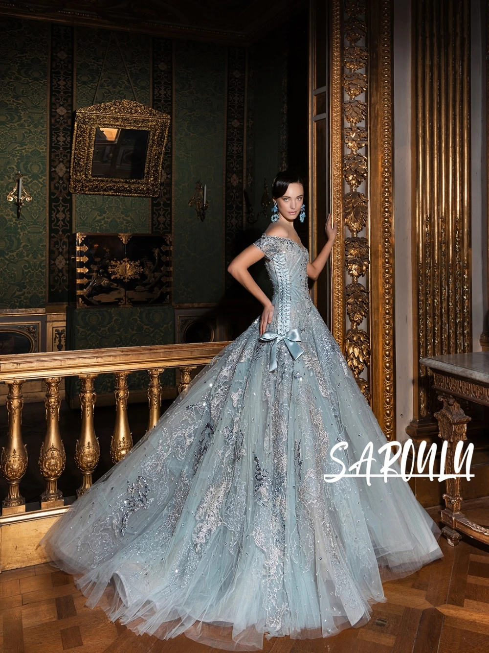 

Elegant Dusty Blue Prom Dress Dazzling Lace Beaded A Line Tulle Train Princess Evening Dresses With Bow Wedding Reception Gown