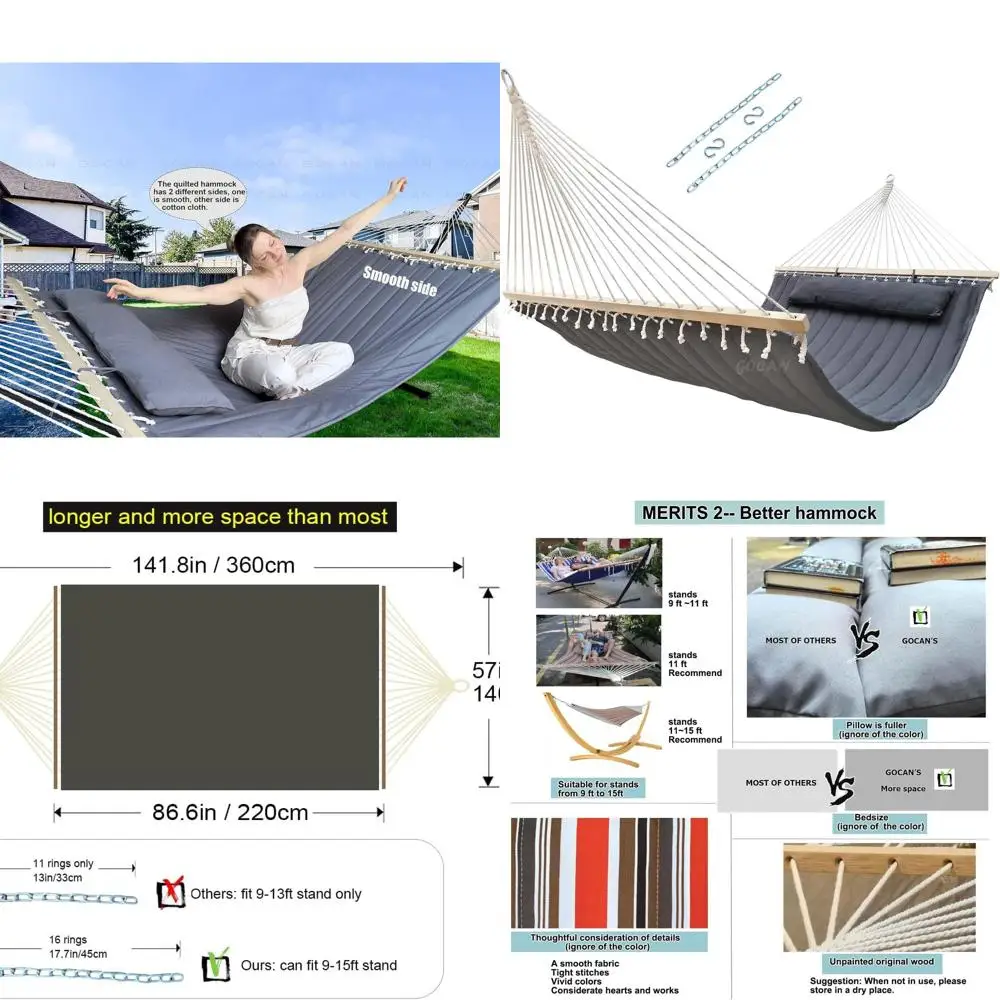 

Enhanced Double Hammock: Quilted, Sturdy, Ideal for Outdoors & Indoors