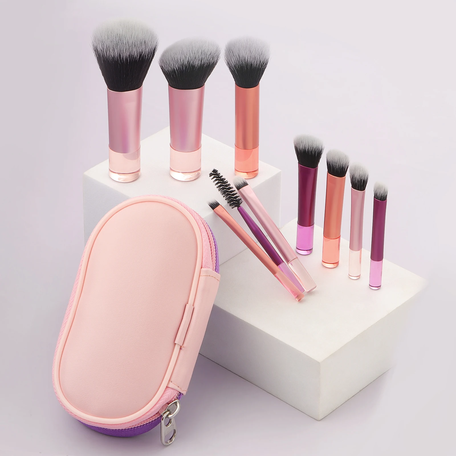 Make-up-Pinsel-Sets, 10 Stück, Mini-Kunststoff mit Tasche, multifunktionaler Make-up-Pinsel zu Hause oder unterwegs, Beauty-Sculpting-Pinsel