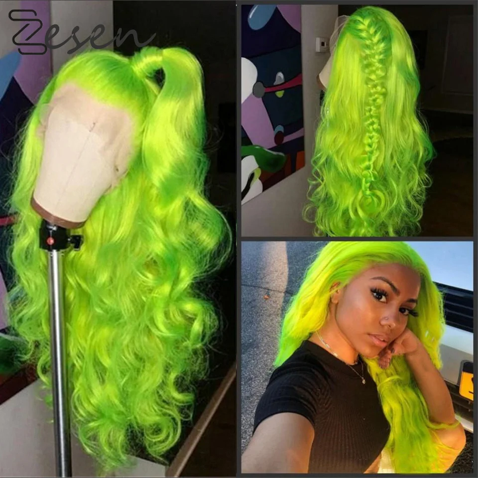 

Zesen Light Green Natural Wave 13*4 Inch Synthetic T Part Lace Front Wig Heat Resistant Fiber With Baby Hair For Women Girl Wig