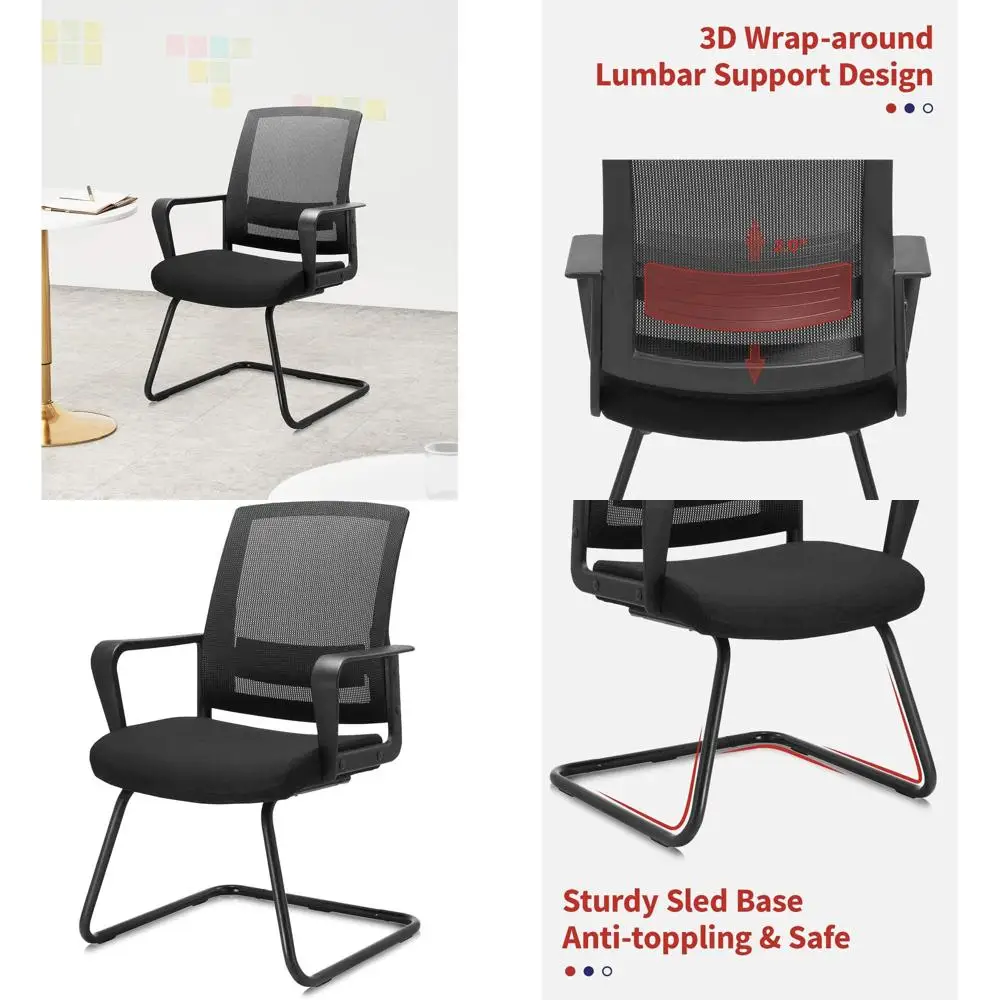 

Mid-Back Mesh Desk Chair with Sled Base, Armrests, and Lumbar Support for Home, Office, and Conference Rooms - Black