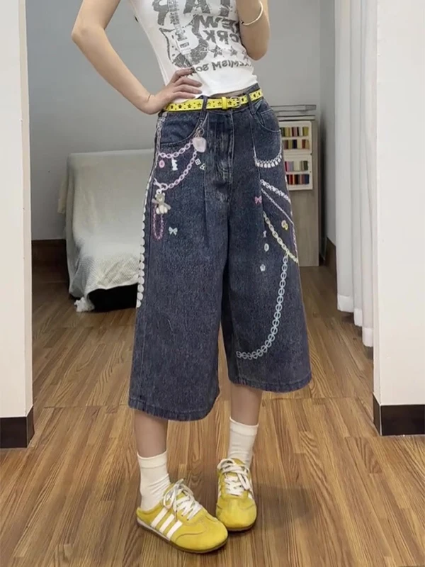 

American Retro Chain Print Seven-Quarter Denim orts Women Summer Spicy Loose Casual Wide Leg Medium Pants