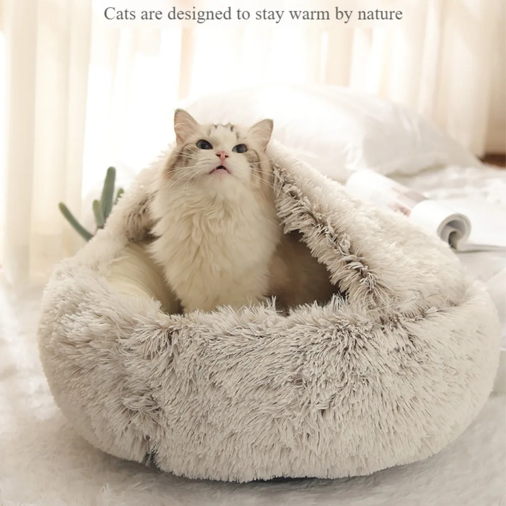 Cat Bed Pet Mattress Warm Soft Plush Pet Bed Enclosed Round Cushion Comfortable Sleep Bag Cat 2 In 1 Warm Cats Basket Sleep Bag