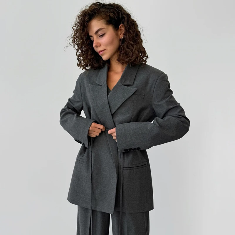TARUXY Women Solid Blazer Coat Lapel Lace Up Waist-Cinching Loose Long Sleeve Mid Length Commuting Jacket Female 2026 Autumn New