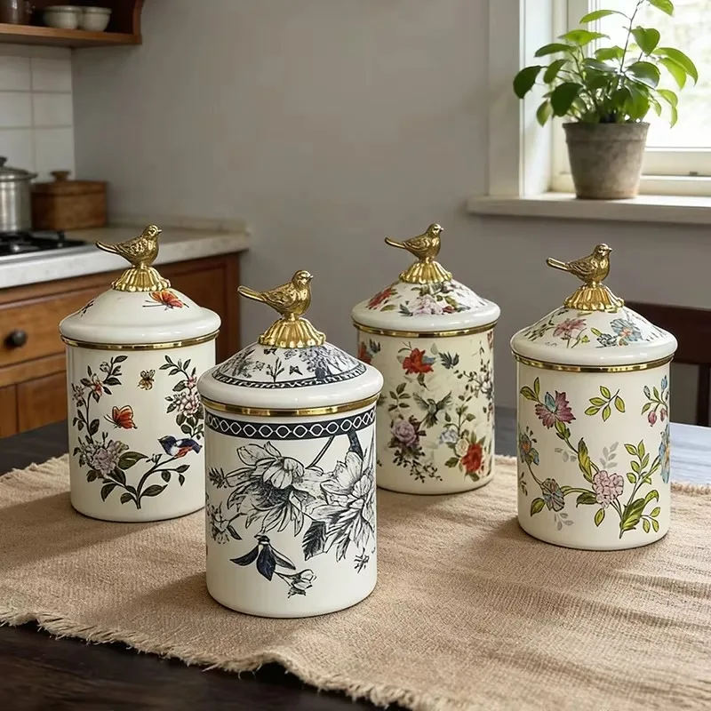 Recipiente Almacenamiento Granos con Esmalte Grueso, Tapa con Diseño de Pájaro, Hermético y a Prueba Humedad, para Café