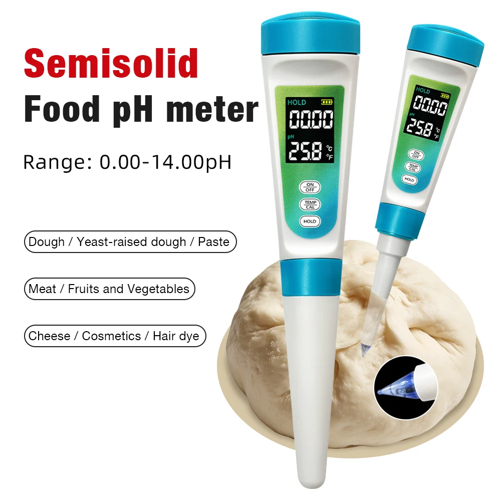

Цифровой pH-метр для пищевых продуктов с высокоточным датчиком, ЖК-дисплеем с подсветкой, измерением температуры, тестер pH-уровня (0~14pH) для мяса, теста, колбас, сыра