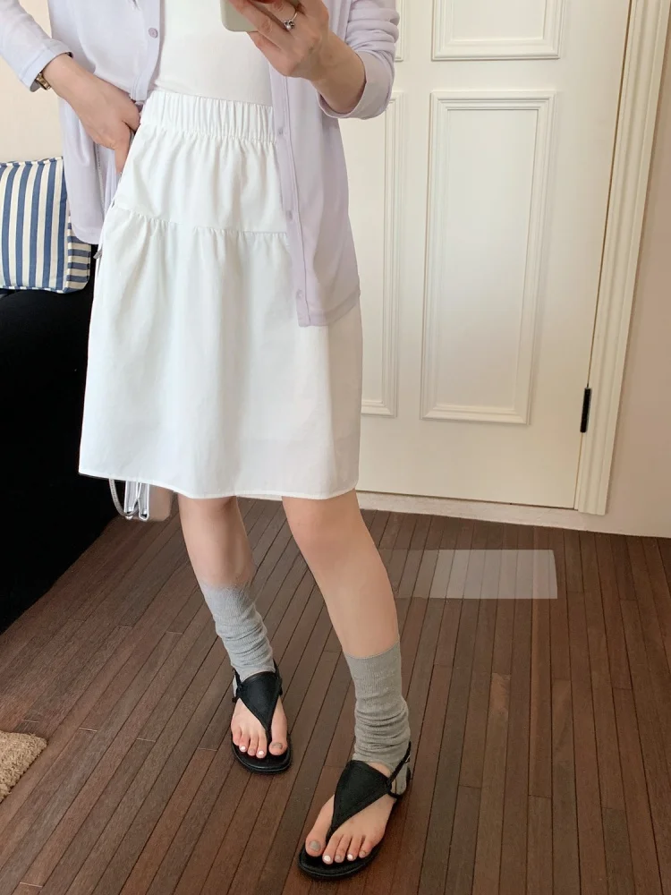 

High Waist A-Line Skirt Cotton Simulation College Sle f Body J2500 Commute Pure Color Other Material Skirt