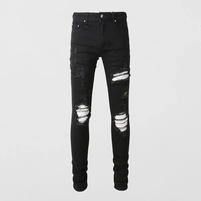 

Fashionable new men's jeans stretch slim fit washed black jeans high street trendy hip-hop brand white patch pants hombre