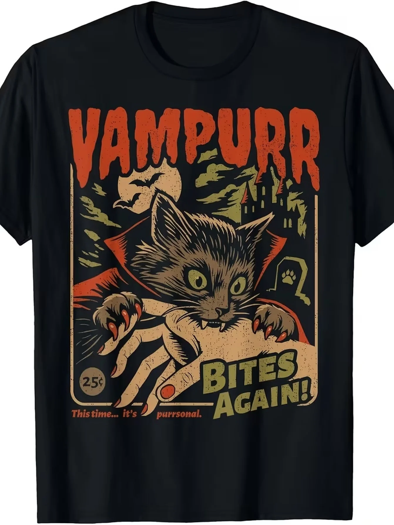 Vintage Vampire Cat Graphic T-Shirt, 
