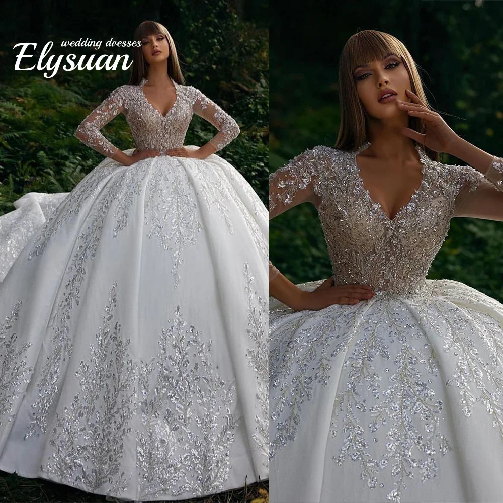 Классические свадебные платья по индивидуальному заказу, с v-образным вырезом, трапециевидной формы, с длинными рукавами и аппликациями, блестящее свадебное платье с блестками, длиной до пола, Robe De Vestido
