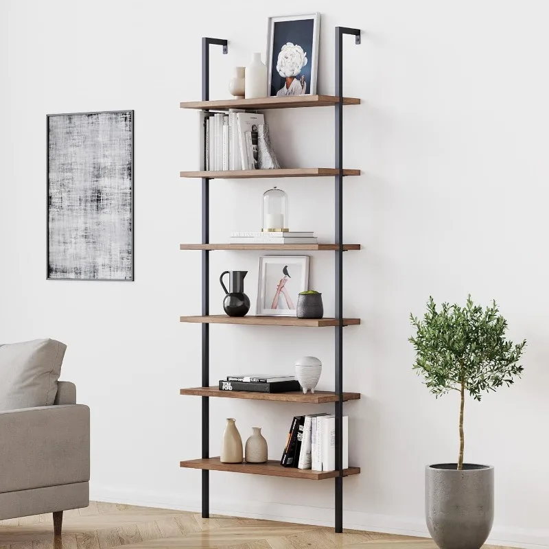 Theo 6-Shelf Tall Bookcase, Wall Mount Bookshelf with Reclaimed Wood and Industrial Metal Frame, Oak/Black