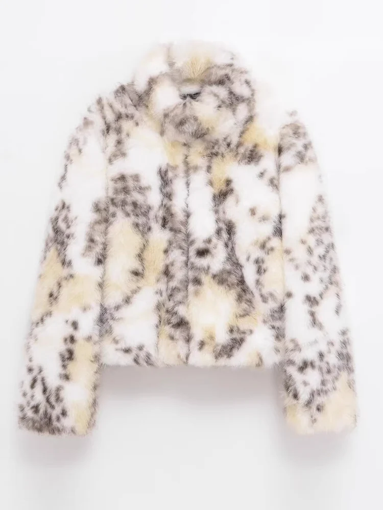 خريف 2025 جديد ليوبارد طباعة الوقوف طوق ort Plu تأثير الفراء الاصطناعي Jaet المرأة خمر فضفاضة تناسب معطف طويل Sve #2