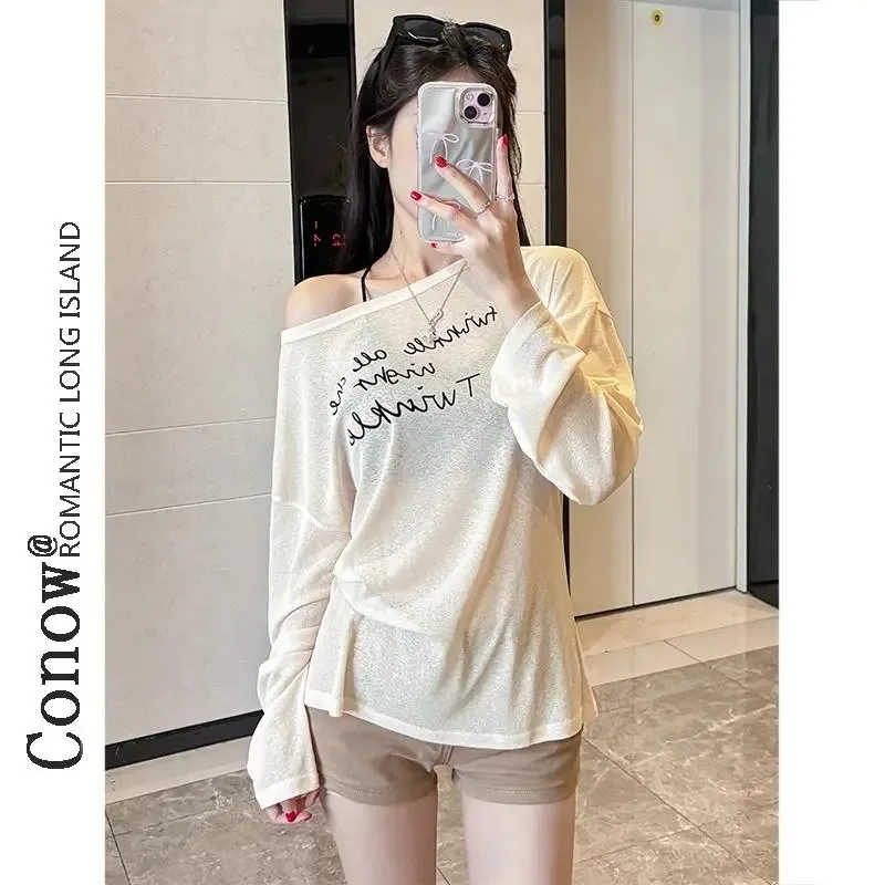 One-line Collar Summer Lazy Style Thin Letter Print Top Loose T-shirt Long-sleeved Slightly See-through Blouse