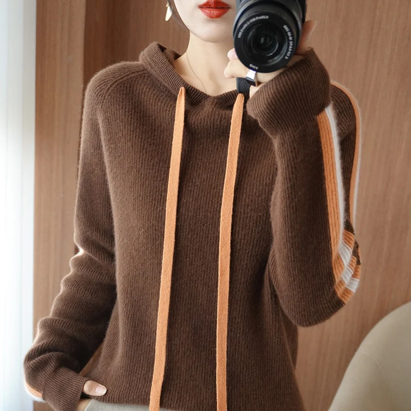 2022 Spring Winter 100% Pure Wool Sweater Women Knitted Hooded Pullovers Loose Lady\'s Grade Up Jumper Long Sleeve Soft Warm Tops